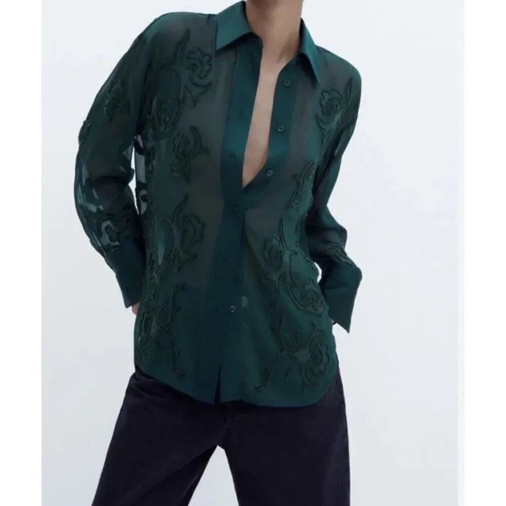 Zara Womens Top Sheer Blouse M Medium Green Embellished beaded 4786/089 NWT